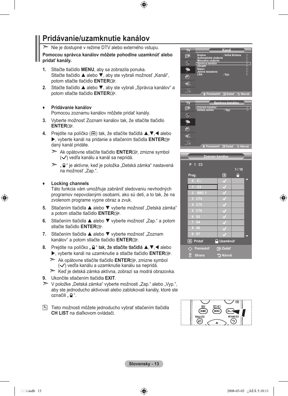 Pridávanie/uzamknutie kanálov | Samsung LE32A455C1D User Manual | Page 435 / 542