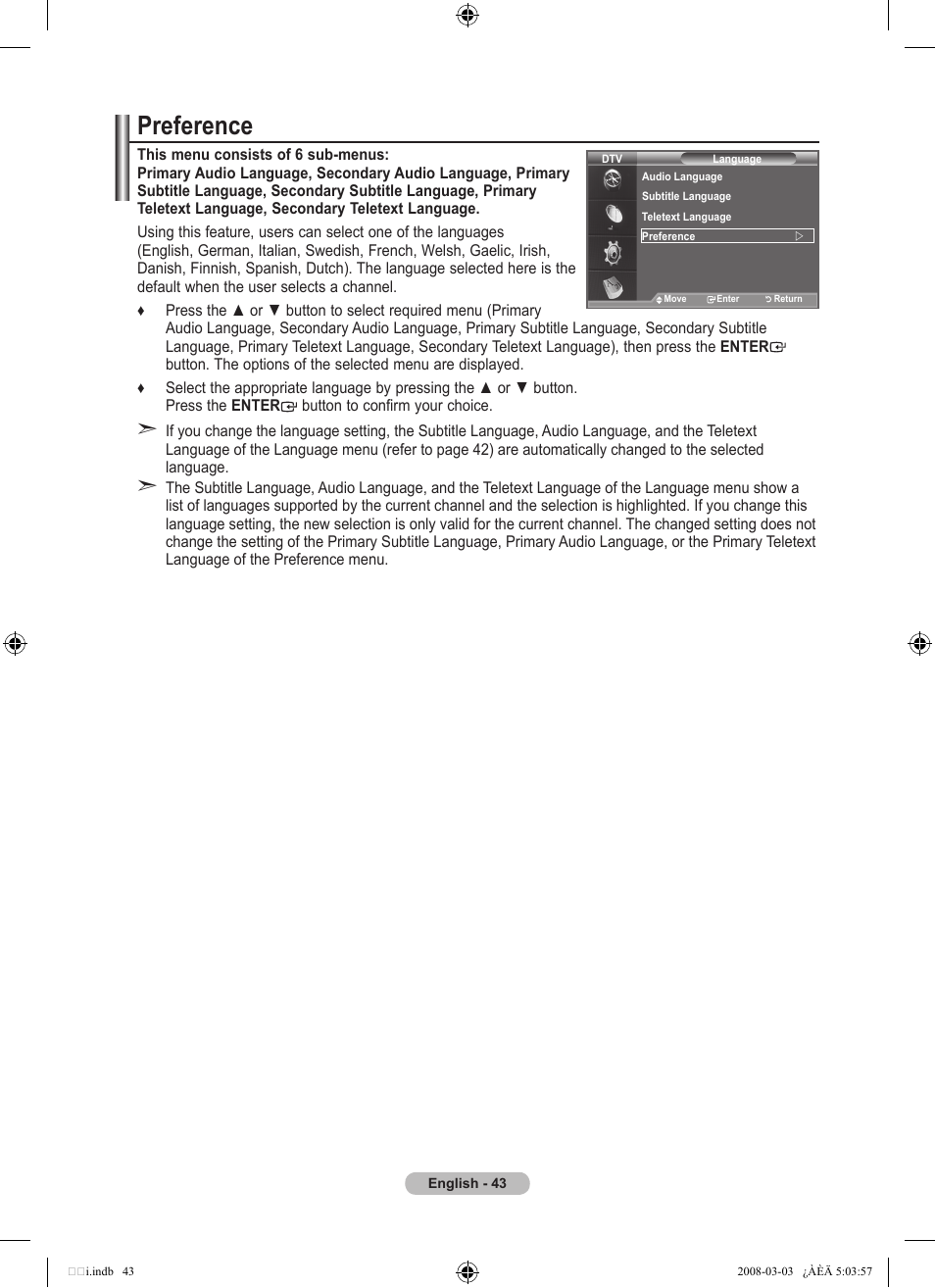 Preference | Samsung LE32A455C1D User Manual | Page 45 / 542