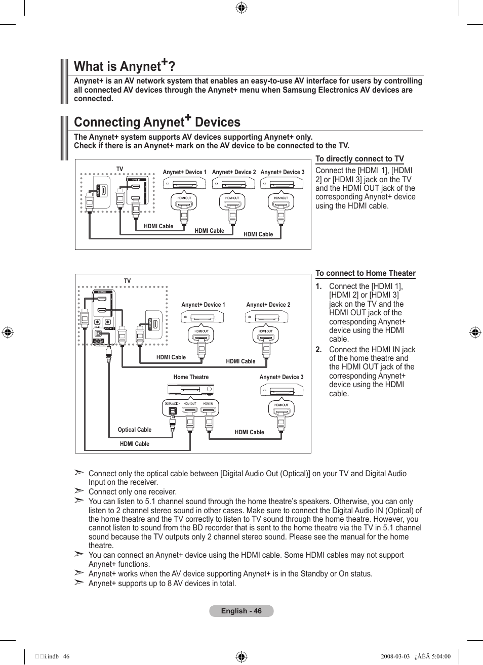 About anynet, What is anynet, Connecting anynet+ devices | Samsung LE32A455C1D User Manual | Page 48 / 542