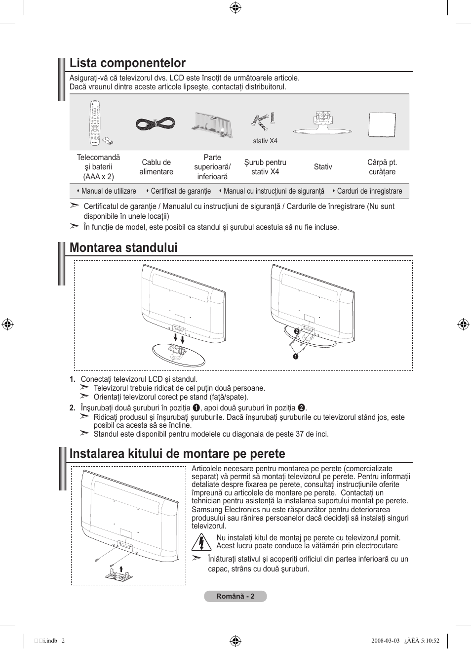 Lista componentelor, Montarea standului, Instalarea kitului de montare pe perete | Samsung LE32A455C1D User Manual | Page 484 / 542