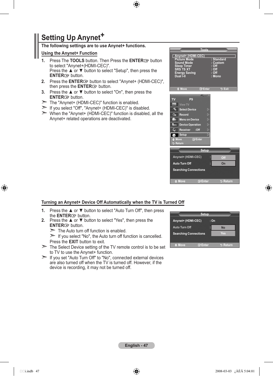 Setting up anynet | Samsung LE32A455C1D User Manual | Page 49 / 542