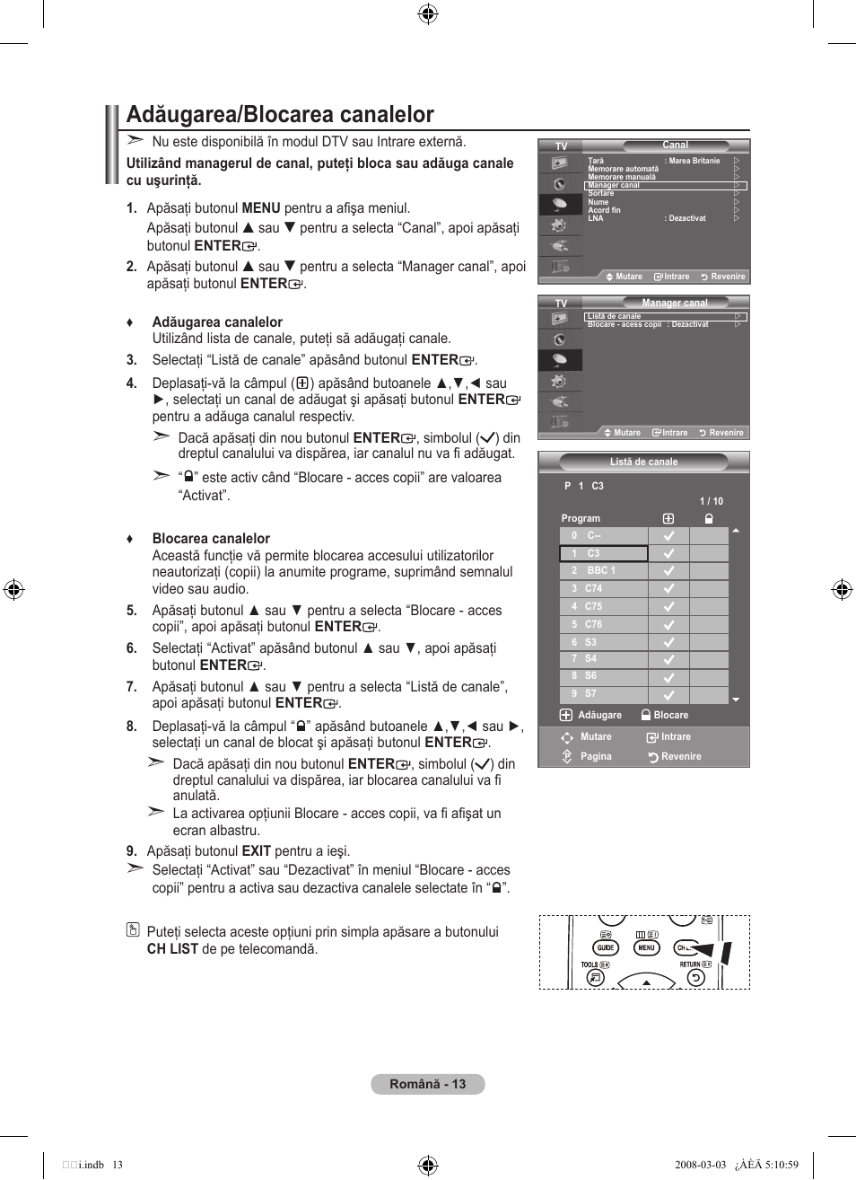 Adăugarea/blocarea canalelor | Samsung LE32A455C1D User Manual | Page 495 / 542