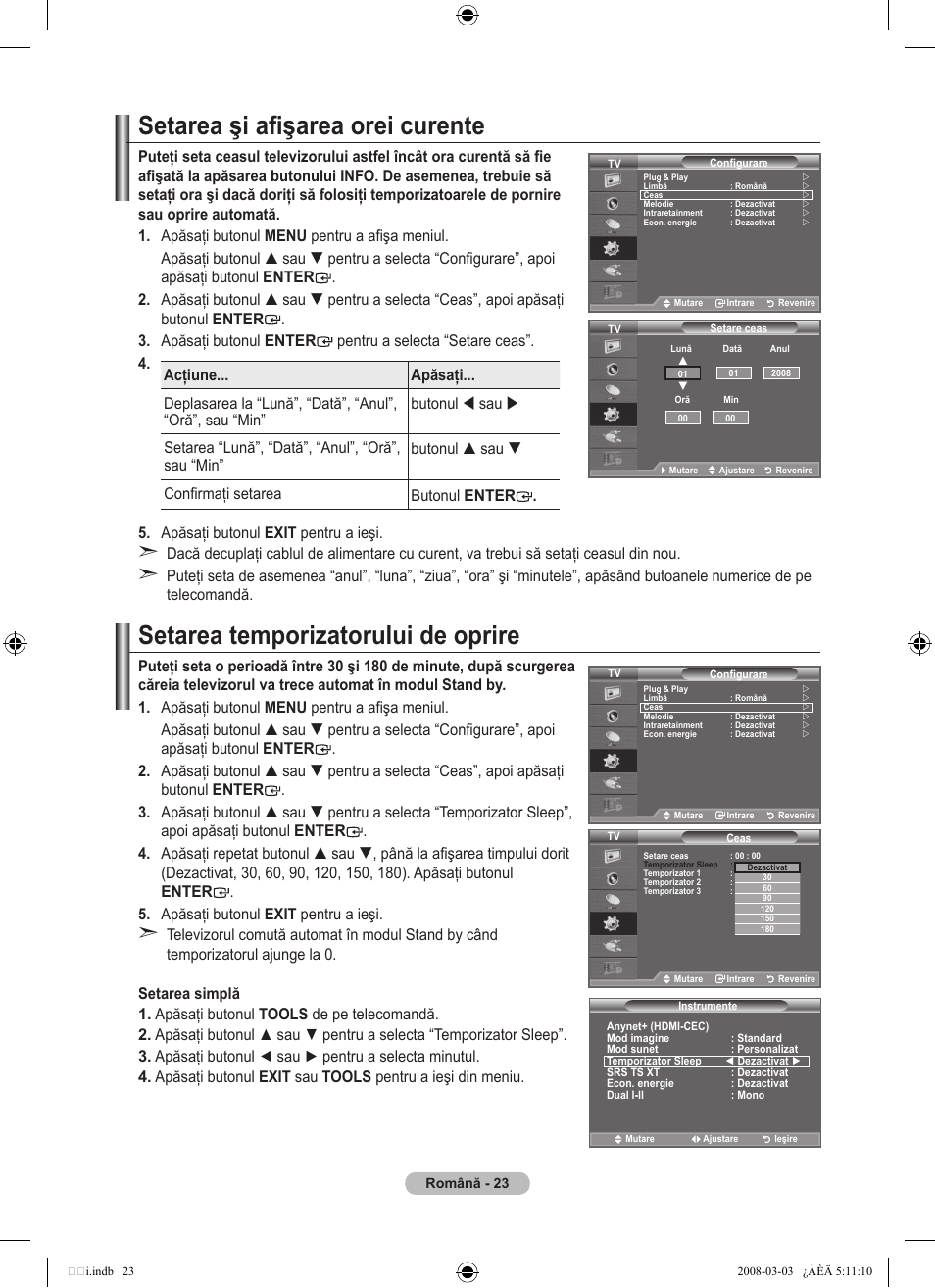 Setarea şi afişarea orei curente, Setarea temporizatorului de oprire | Samsung LE32A455C1D User Manual | Page 505 / 542