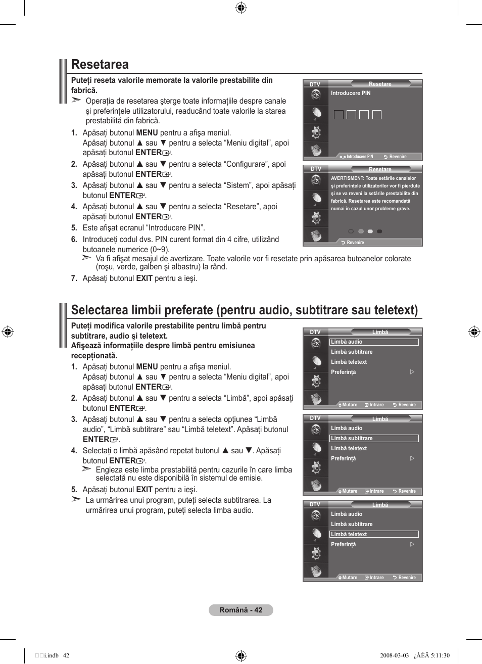 Resetarea | Samsung LE32A455C1D User Manual | Page 524 / 542