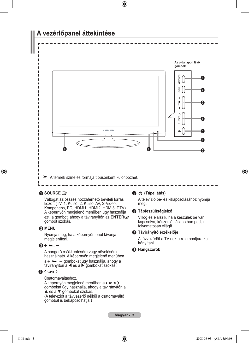 A vezérlőpanel áttekintése | Samsung LE32A455C1D User Manual | Page 65 / 542