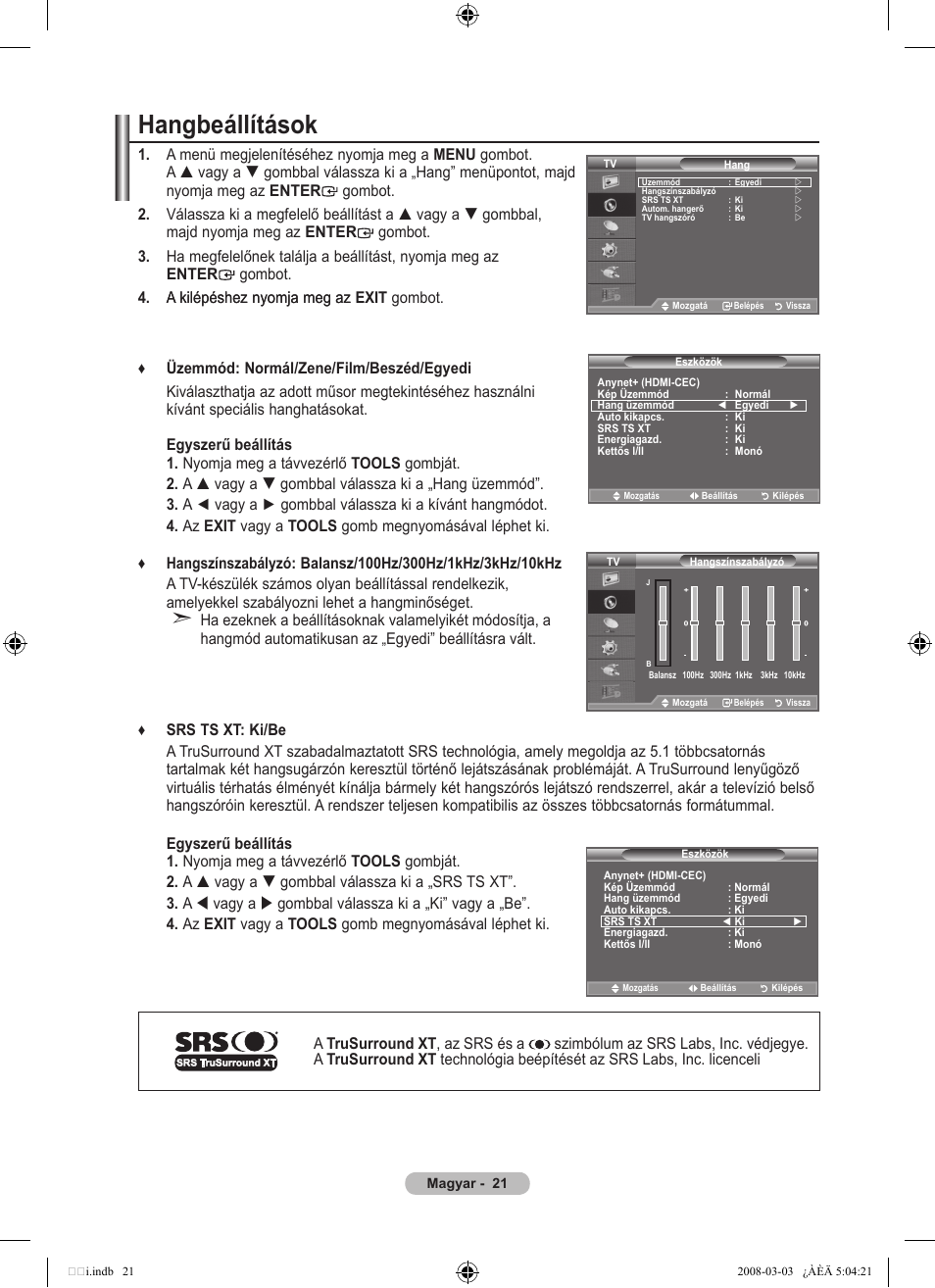 Hangbeállítások | Samsung LE32A455C1D User Manual | Page 83 / 542