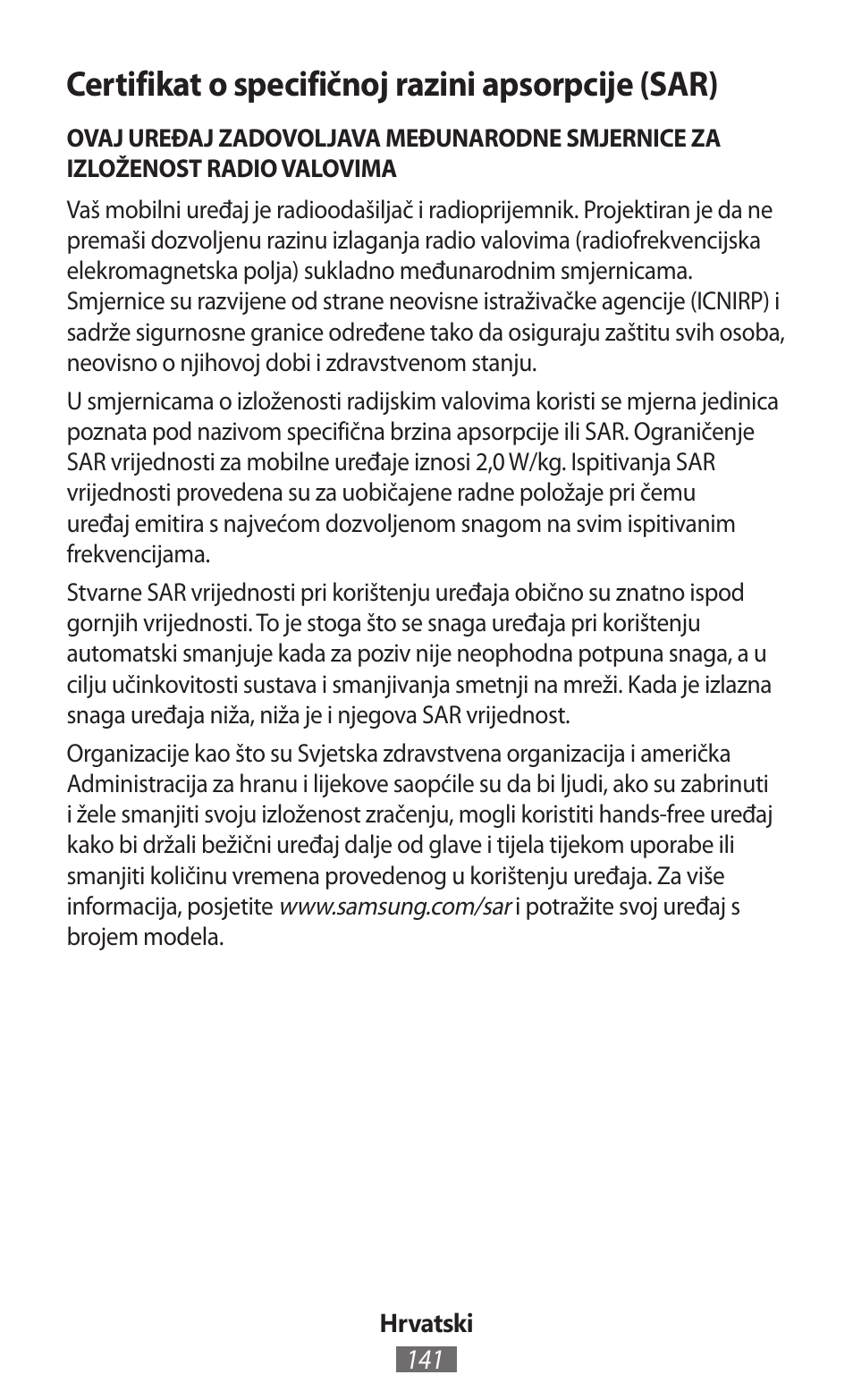 Certifikat o specifičnoj razini apsorpcije (sar) | Samsung SM-G130HN User Manual | Page 142 / 732