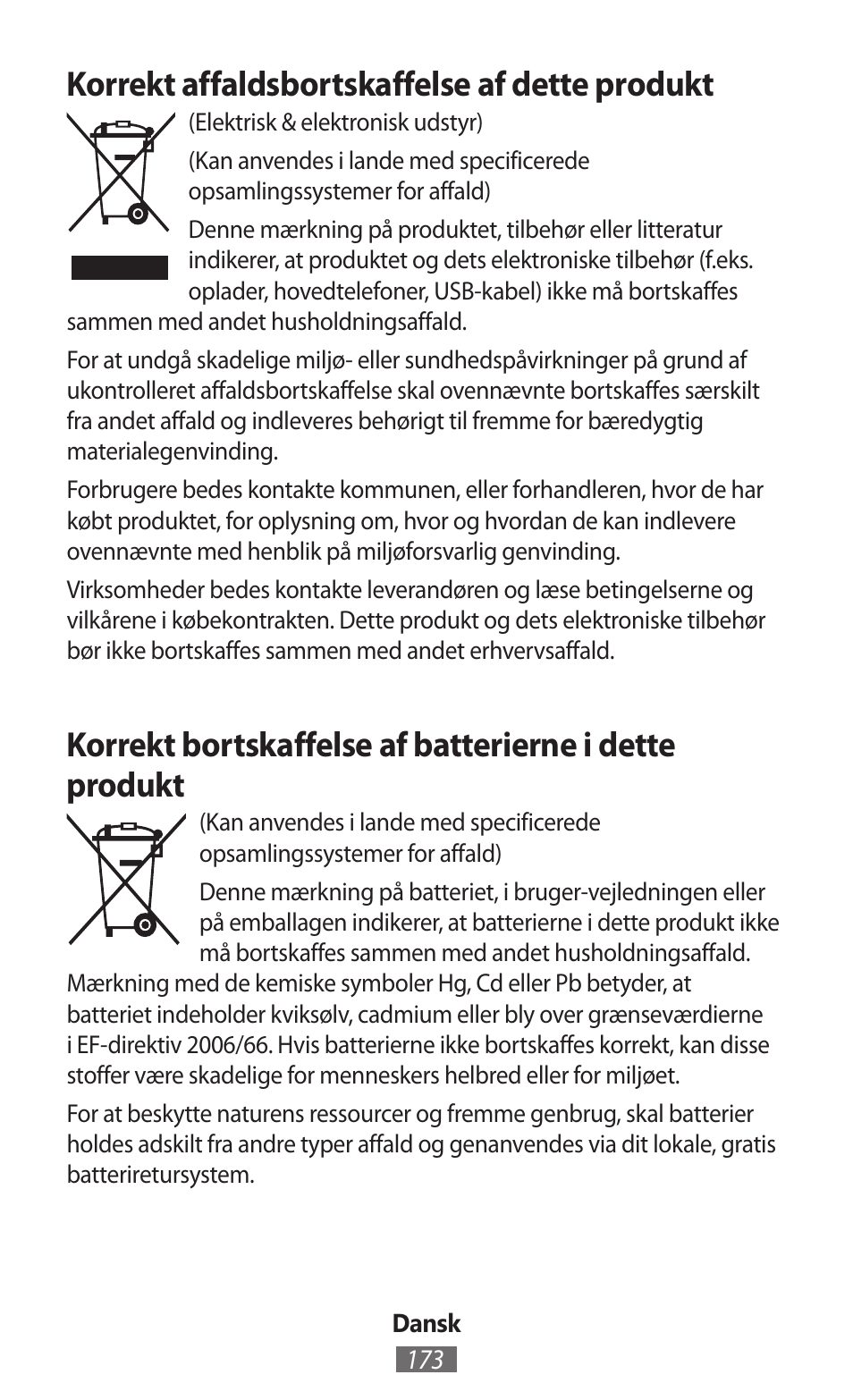 Korrekt affaldsbortskaffelse af dette produkt | Samsung SM-G130HN User Manual | Page 174 / 732