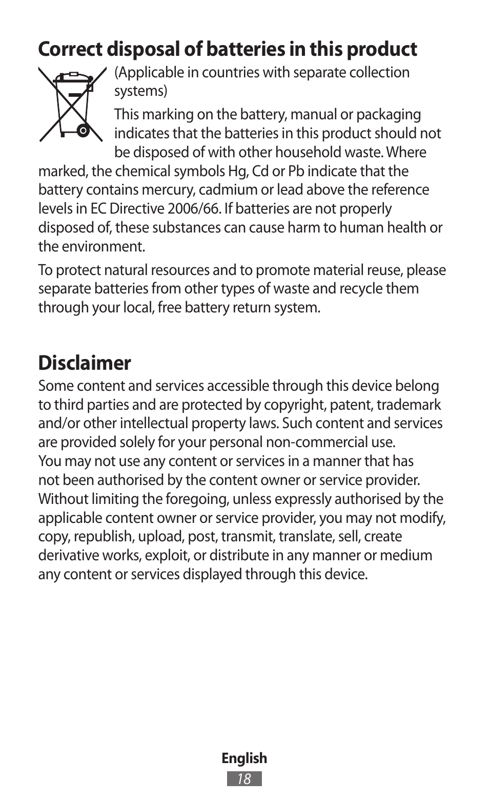 Correct disposal of batteries in this product, Disclaimer | Samsung SM-G130HN User Manual | Page 19 / 732