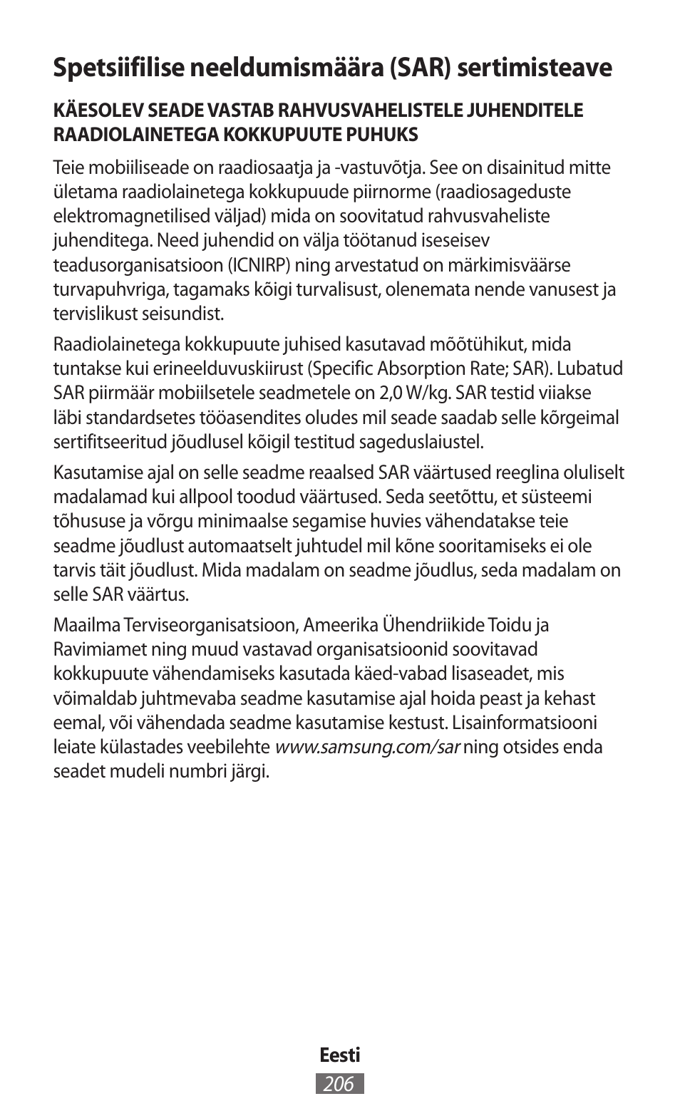 Spetsiifilise neeldumismäära (sar) sertimisteave | Samsung SM-G130HN User Manual | Page 207 / 732