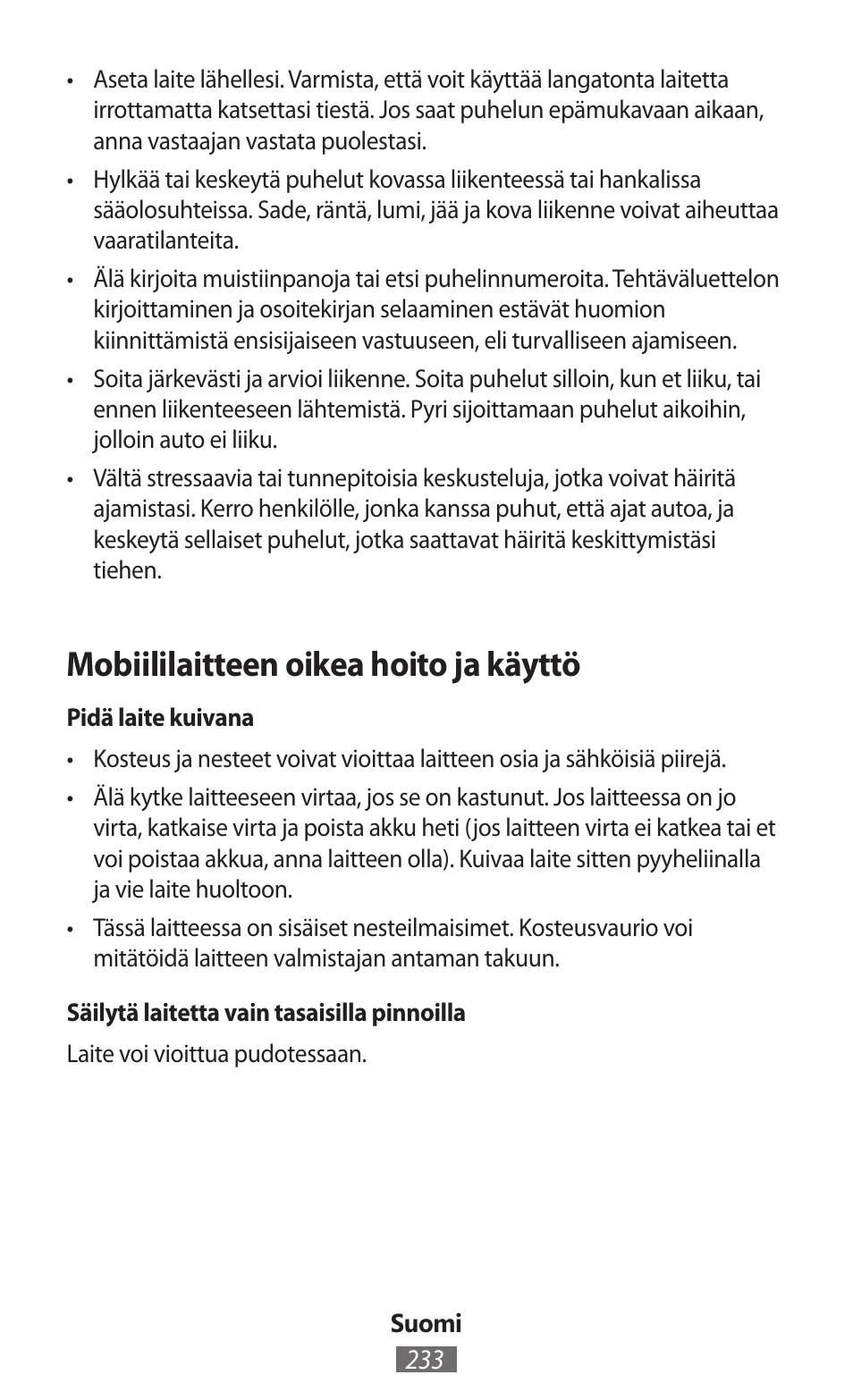 Mobiililaitteen oikea hoito ja käyttö | Samsung SM-G130HN User Manual | Page 234 / 732