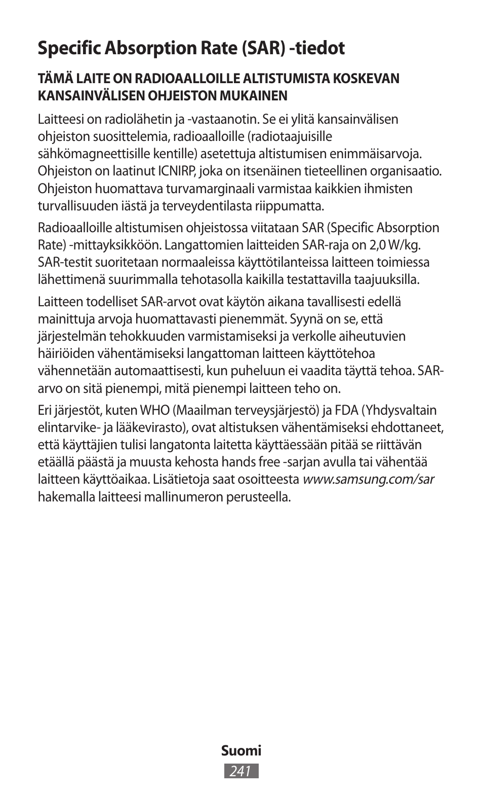 Specific absorption rate (sar) -tiedot | Samsung SM-G130HN User Manual | Page 242 / 732
