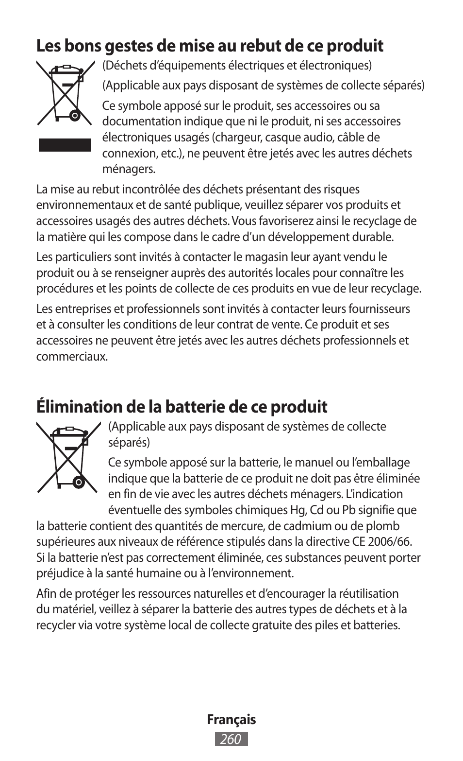 Les bons gestes de mise au rebut de ce produit, Élimination de la batterie de ce produit | Samsung SM-G130HN User Manual | Page 261 / 732