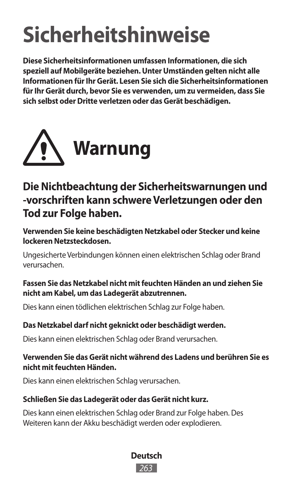 Deutsch, Sicherheitshinweise, Warnung | Samsung SM-G130HN User Manual | Page 264 / 732