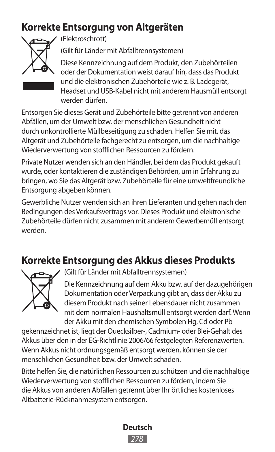 Korrekte entsorgung von altgeräten, Korrekte entsorgung des akkus dieses produkts | Samsung SM-G130HN User Manual | Page 279 / 732