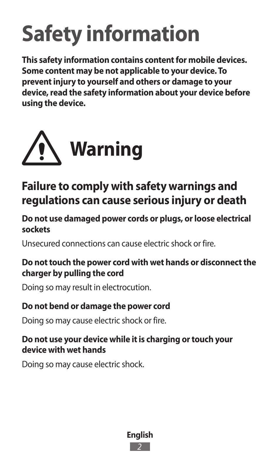 English, Safety information, Warning | Samsung SM-G130HN User Manual | Page 3 / 732