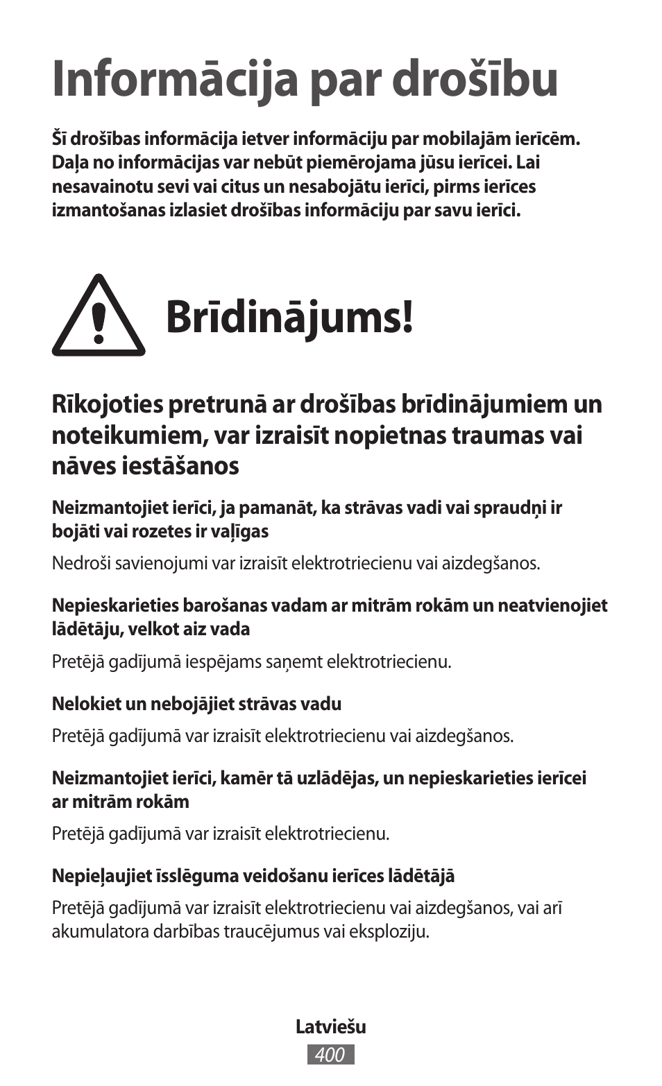 Latviešu, Informācija par drošību, Brīdinājums | Samsung SM-G130HN User Manual | Page 401 / 732