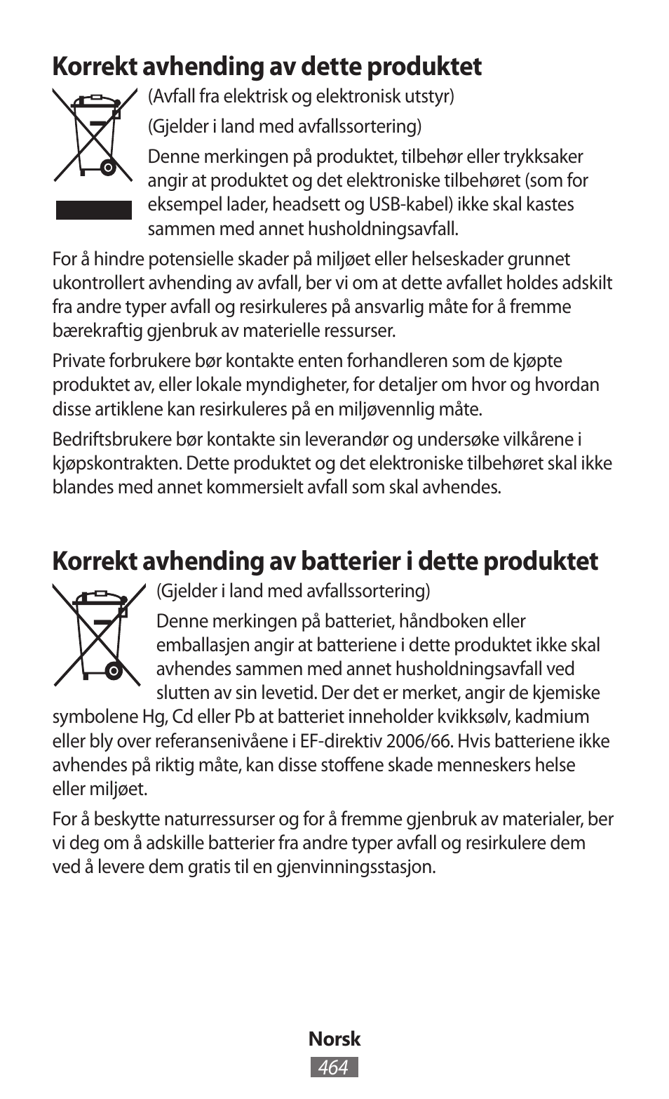 Korrekt avhending av dette produktet, Korrekt avhending av batterier i dette produktet | Samsung SM-G130HN User Manual | Page 465 / 732