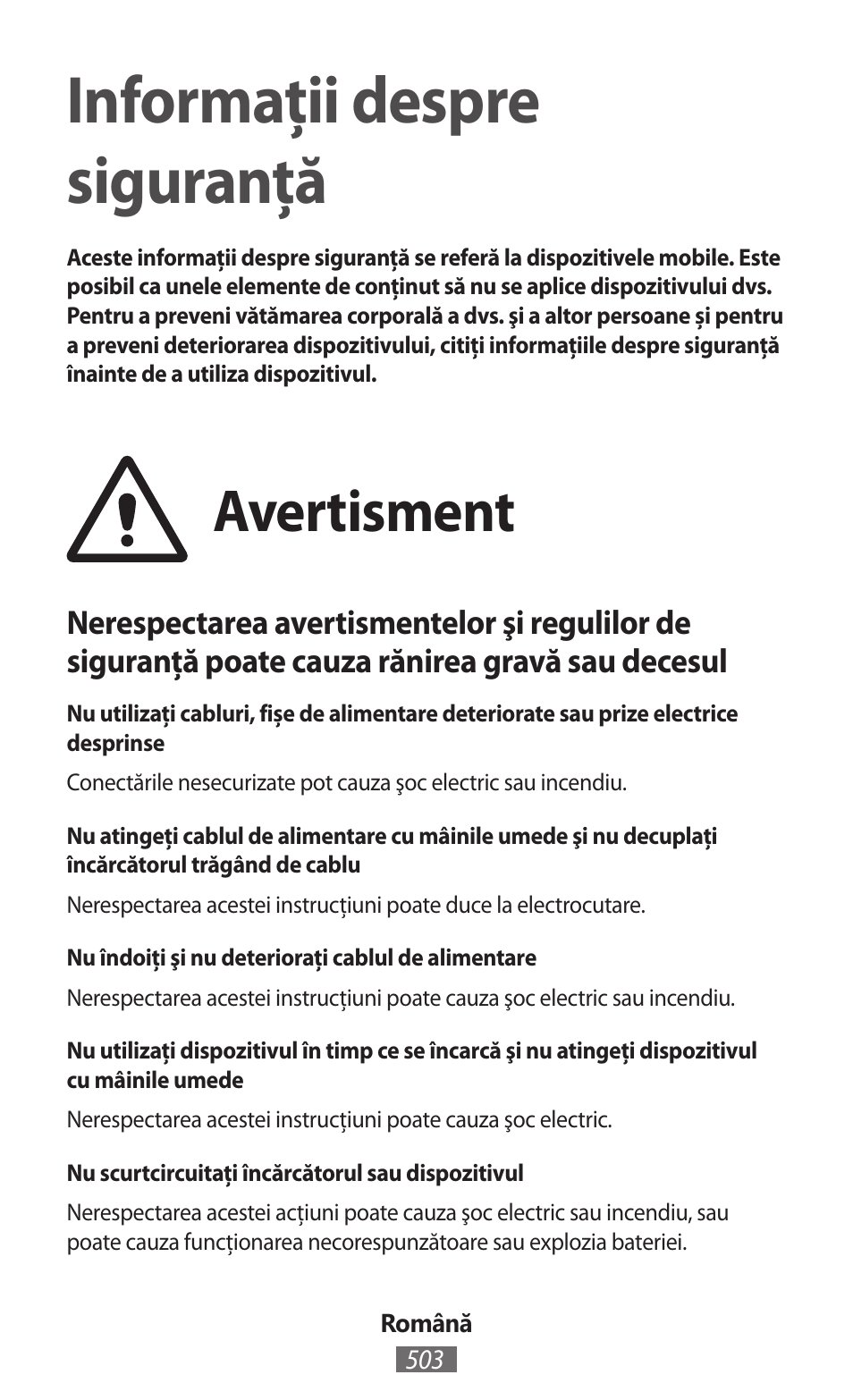 Română, Informaţii despre siguranţă, Avertisment | Samsung SM-G130HN User Manual | Page 504 / 732