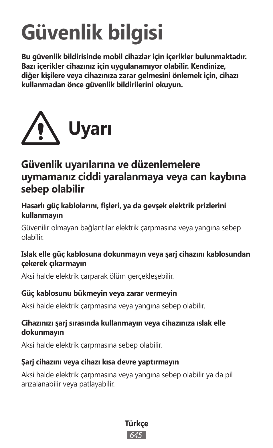 Türkçe, Güvenlik bilgisi, Uyarı | Samsung SM-G130HN User Manual | Page 646 / 732