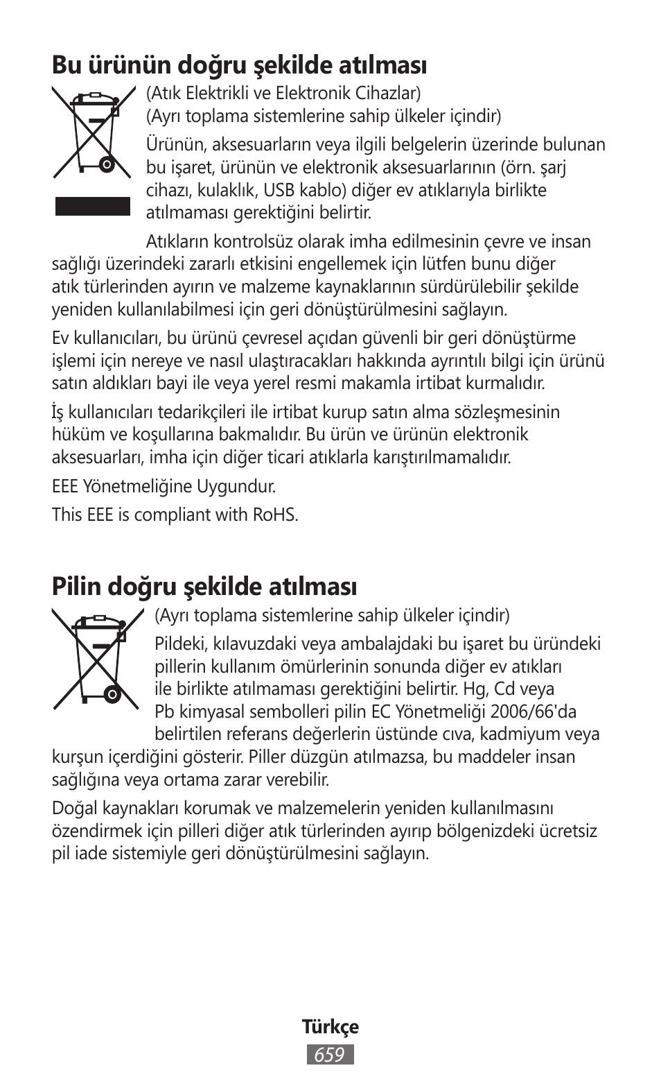 Bu ürünün doğru şekilde atılması, Pilin doğru şekilde atılması | Samsung SM-G130HN User Manual | Page 660 / 732