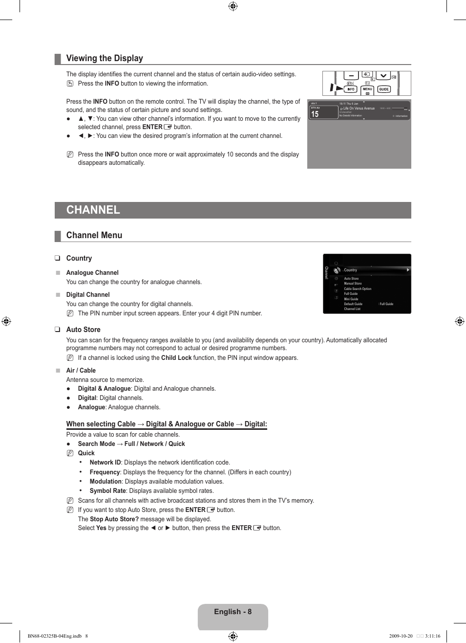 Viewing the display, Channel, Channel menu | Samsung LE37B650T2W User Manual | Page 10 / 680