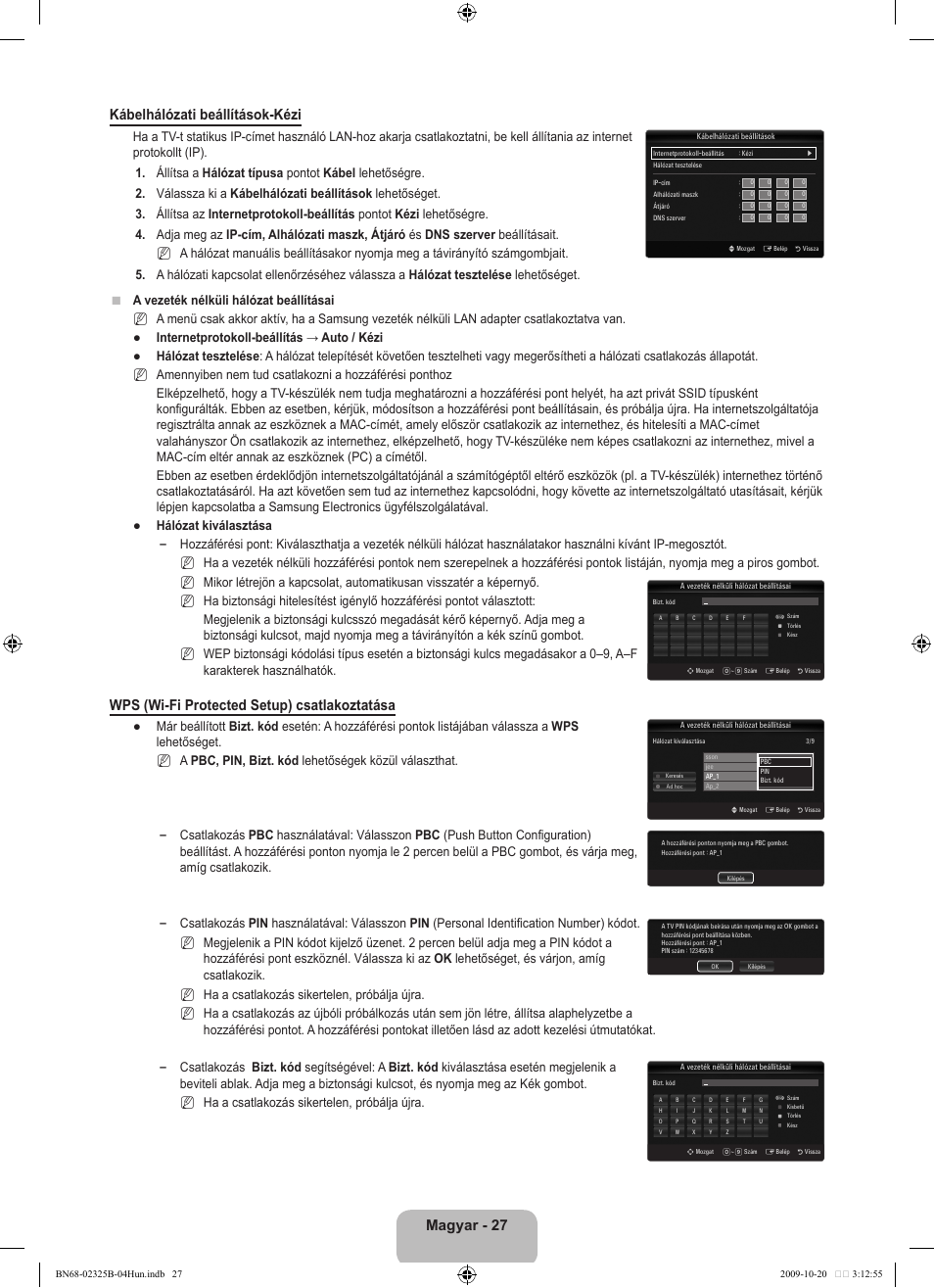 Magyar - 27 kábelhálózati beállítások-kézi, Wps (wi-fi protected setup) csatlakoztatása | Samsung LE37B650T2W User Manual | Page 107 / 680