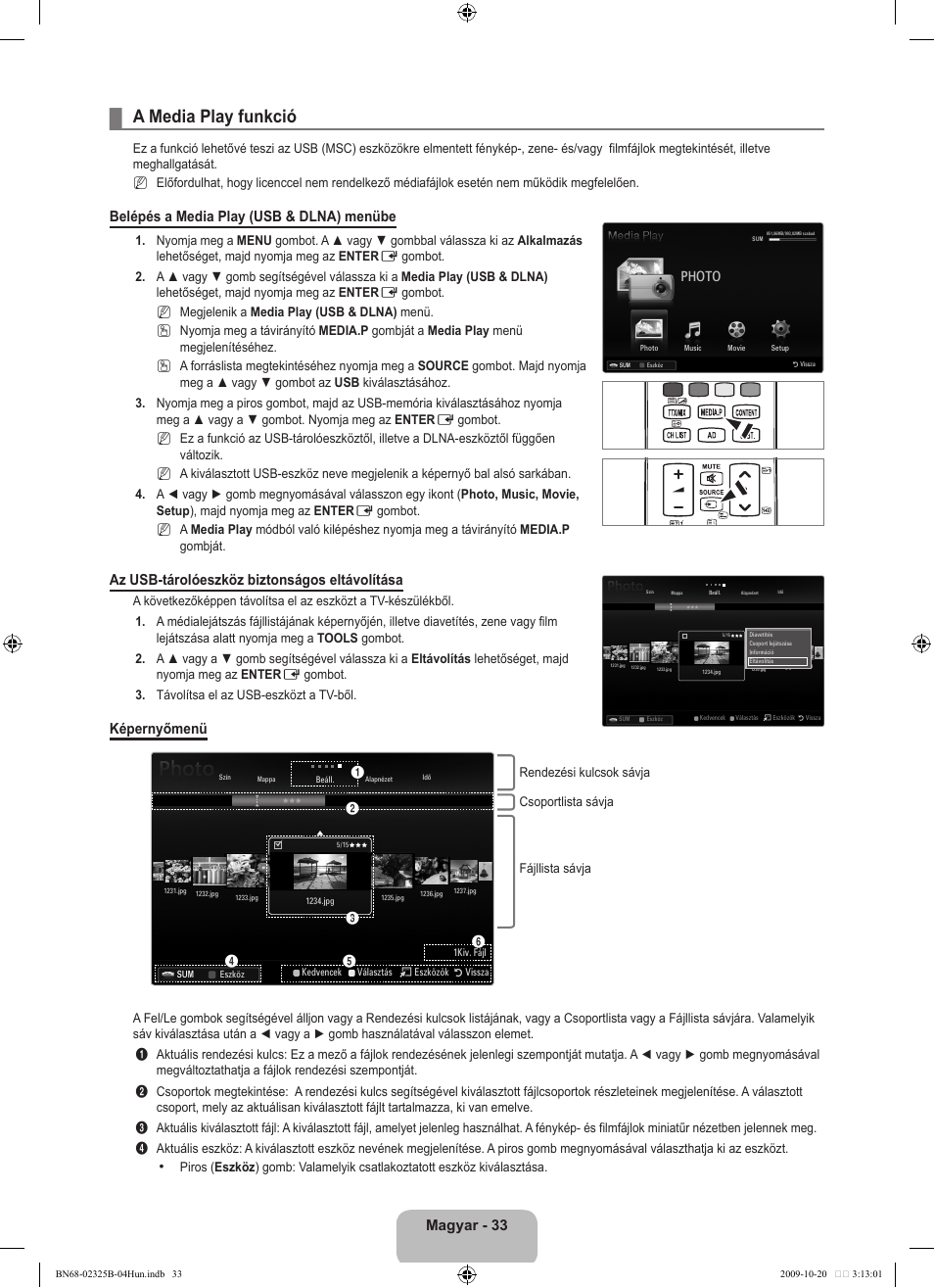 A media play funkció, Magyar - 33, Belépés a media play (usb & dlna) menübe | Az usb-tárolóeszköz biztonságos eltávolítása, Képernyőmenü, Photo | Samsung LE37B650T2W User Manual | Page 113 / 680