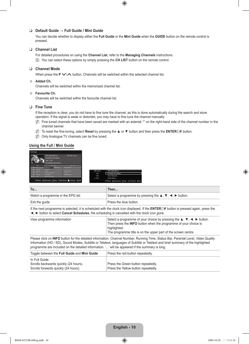 Channel list, Channel mode, Fine tune | Using the full / mini guide | Samsung LE37B650T2W User Manual | Page 12 / 680