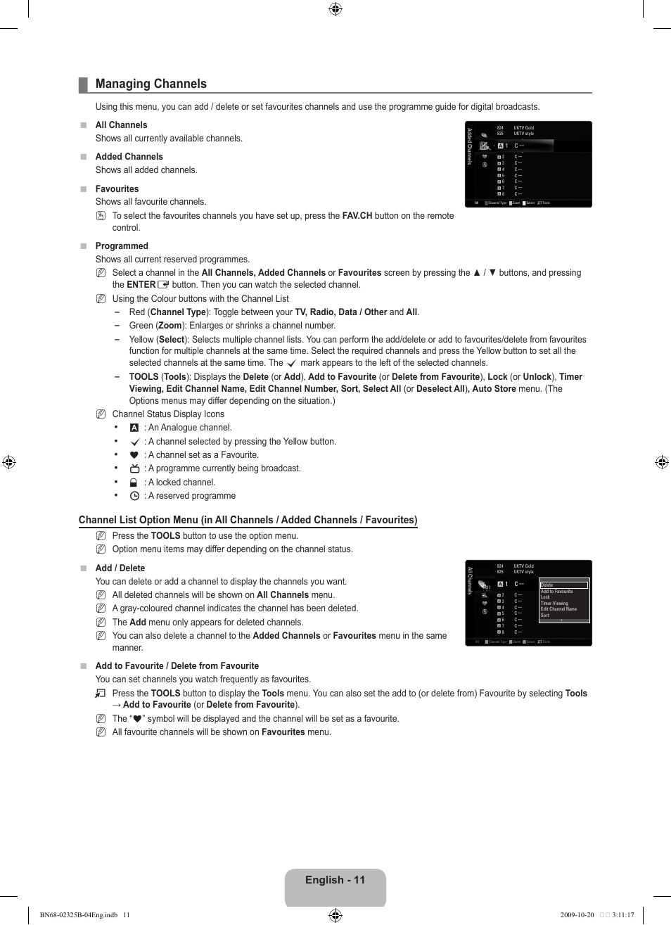 Managing channels, English - 11 | Samsung LE37B650T2W User Manual | Page 13 / 680