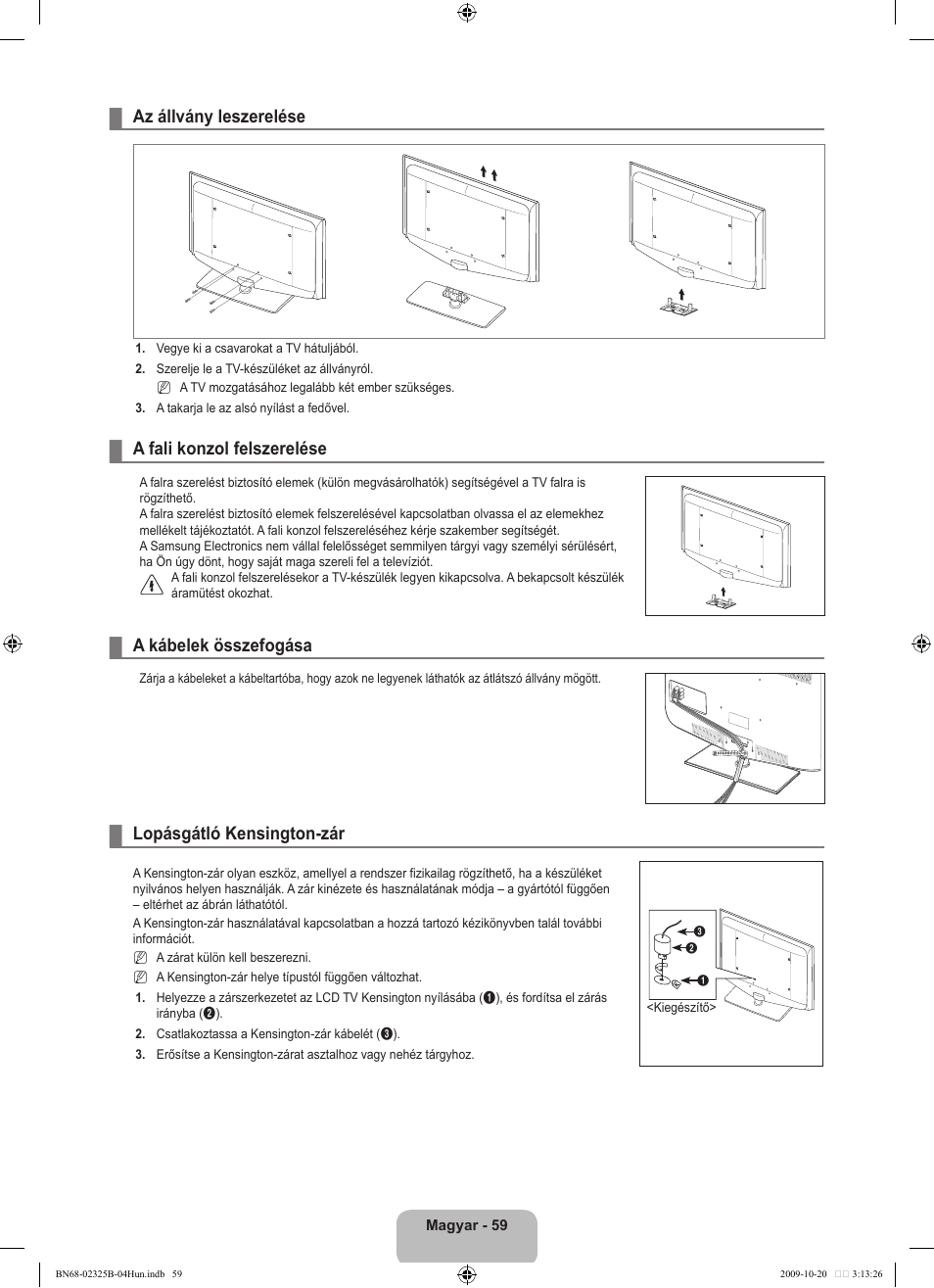 Az állvány leszerelése, A fali konzol felszerelése, A kábelek összefogása | Lopásgátló kensington-zár | Samsung LE37B650T2W User Manual | Page 139 / 680