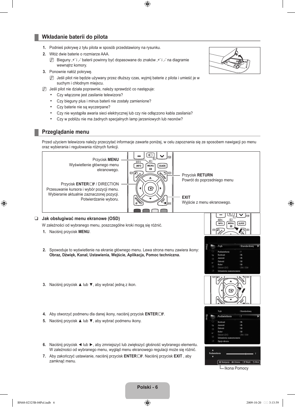 Działanie, Wkładanie baterii do pilota, Przeglądanie menu | Polski, Jak obsługiwać menu ekranowe (osd) | Samsung LE37B650T2W User Manual | Page 152 / 680