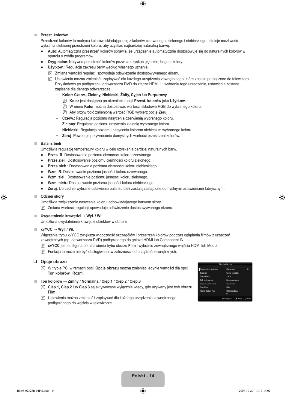 Polski - 4, Opcje obrazu | Samsung LE37B650T2W User Manual | Page 160 / 680