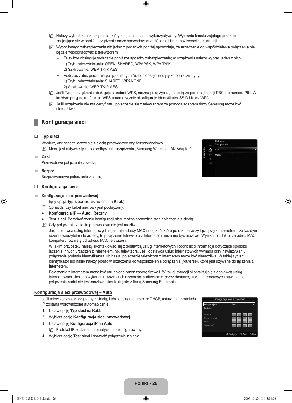 Konfiguracja sieci, Polski, Typ sieci | Konfiguracja sieci przewodowej – auto | Samsung LE37B650T2W User Manual | Page 172 / 680