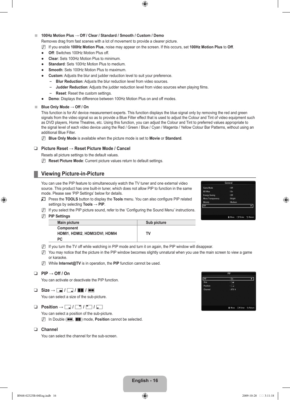 Viewing picture-in-picture, English - 16, Picture reset → reset picture mode / cancel | Pip → off / on, Size → х / г / а / œ, Position → ã / – / — / œ, Channel | Samsung LE37B650T2W User Manual | Page 18 / 680