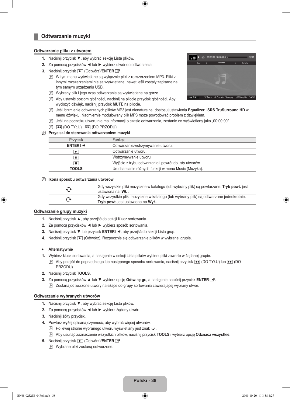 Odtwarzanie muzyki | Samsung LE37B650T2W User Manual | Page 184 / 680