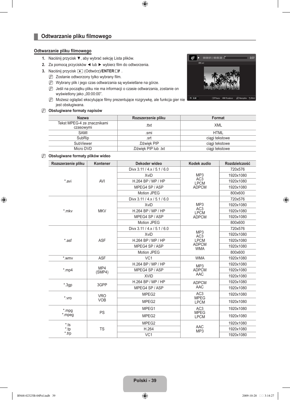 Odtwarzanie pliku filmowego | Samsung LE37B650T2W User Manual | Page 185 / 680