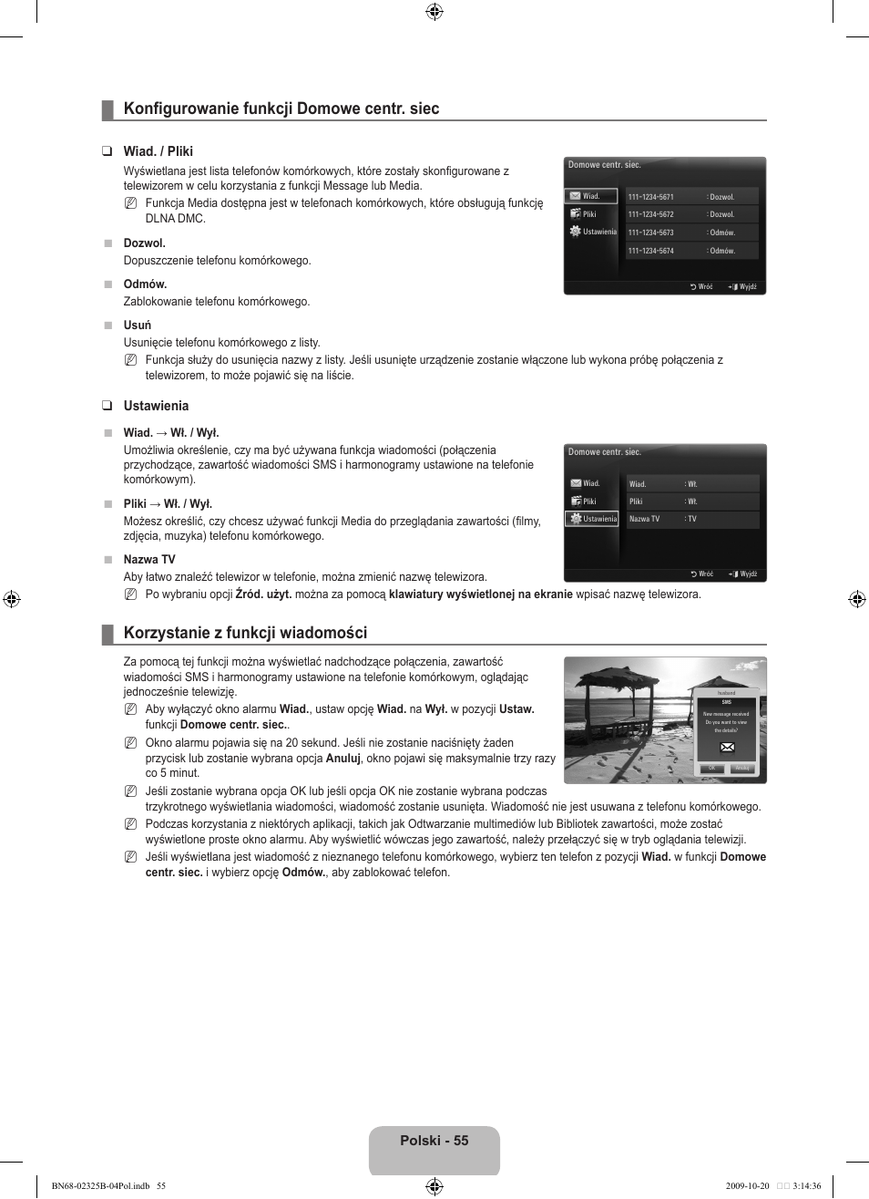 Konfigurowanie funkcji domowe centr. siec, Korzystanie z funkcji wiadomości, Polski | Wiad. / pliki, Ustawienia | Samsung LE37B650T2W User Manual | Page 201 / 680