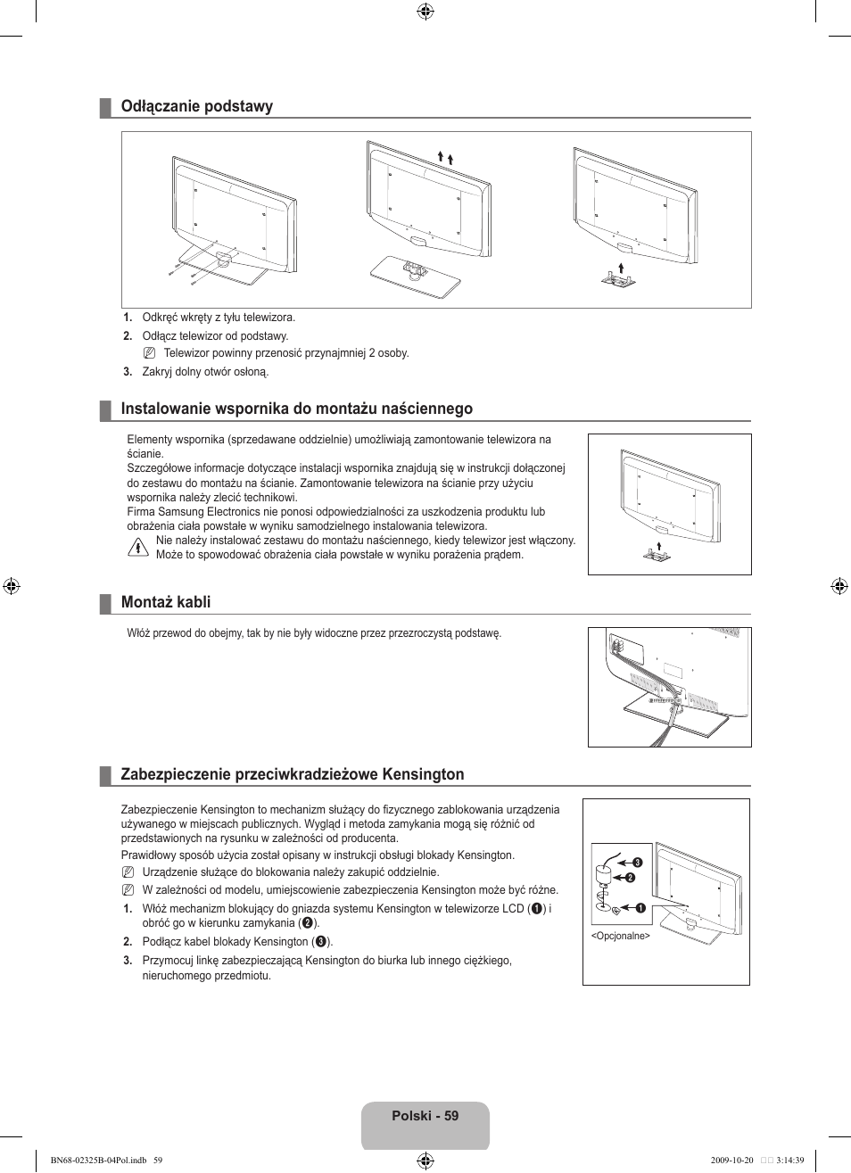 Odłączanie podstawy, Instalowanie wspornika do montażu naściennego, Montaż kabli | Zabezpieczenie przeciwkradzieżowe kensington | Samsung LE37B650T2W User Manual | Page 205 / 680