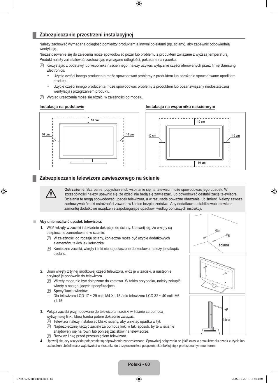 Zabezpieczanie przestrzeni instalacyjnej, Zabezpieczanie telewizora zawieszonego na ścianie | Samsung LE37B650T2W User Manual | Page 206 / 680