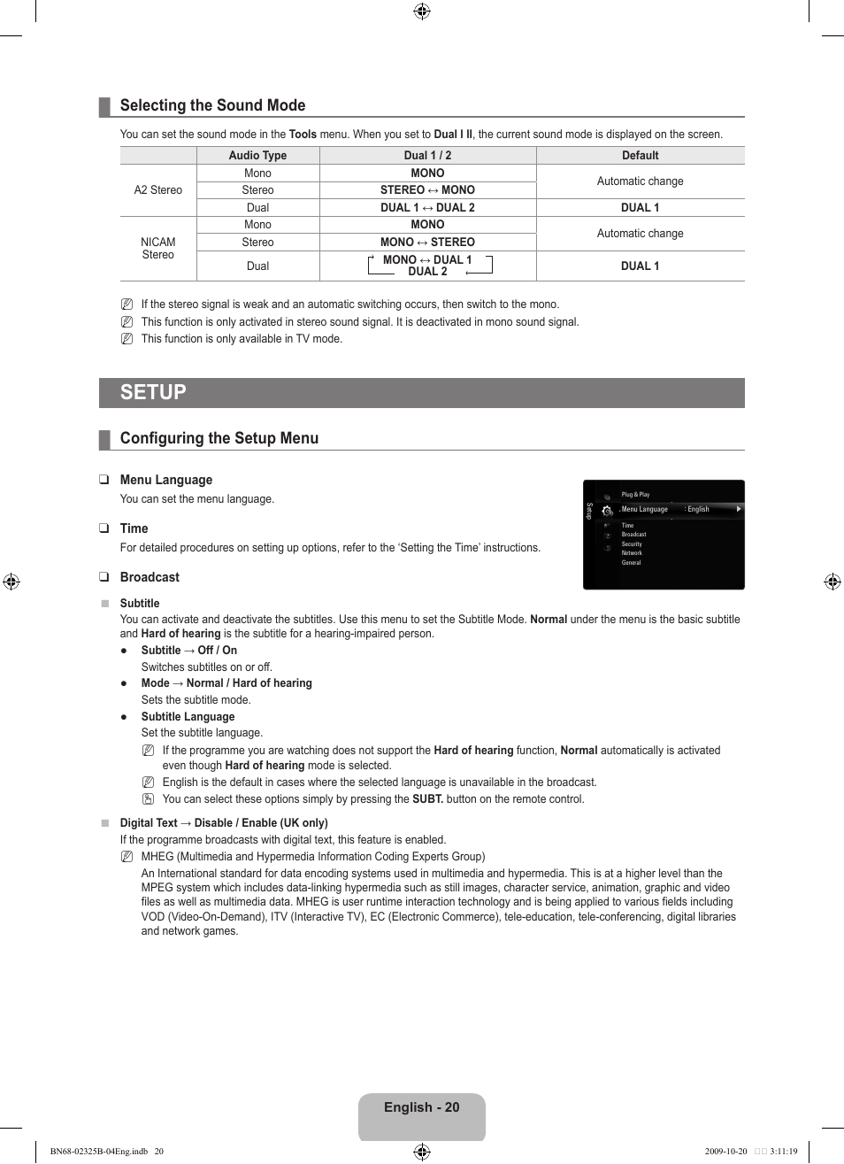 Selecting the sound mode, Setup, Configuring the setup menu | Samsung LE37B650T2W User Manual | Page 22 / 680