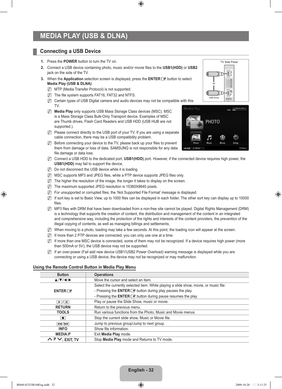 Media play (usb & dlna), Connecting a usb device, Photo | Samsung LE37B650T2W User Manual | Page 34 / 680