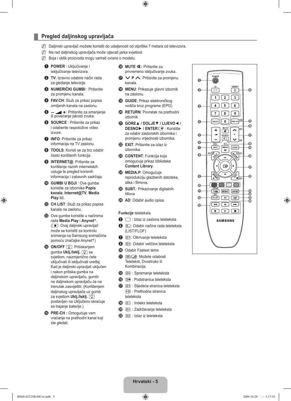 Pregled daljinskog upravljača | Samsung LE37B650T2W User Manual | Page 349 / 680