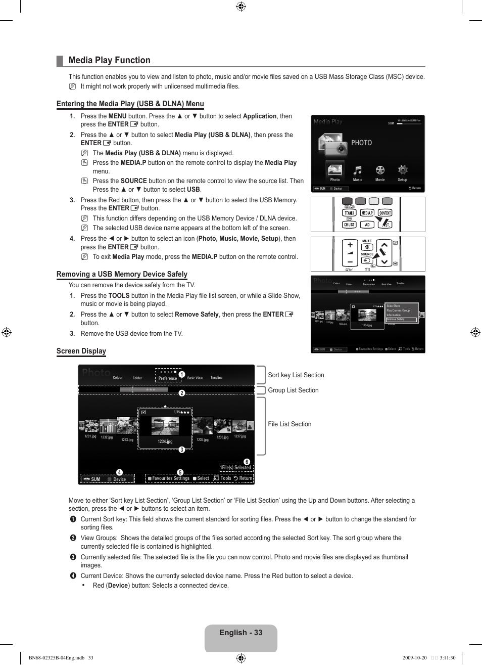 Media play function, English - 33, Entering the media play (usb & dlna) menu | Screen display, Photo | Samsung LE37B650T2W User Manual | Page 35 / 680