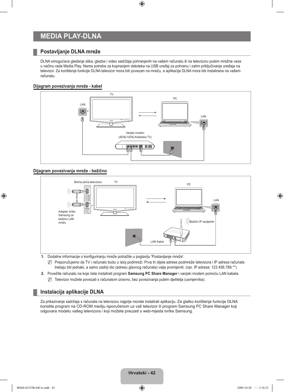 Media play-dlna, Postavljanje dlna mreže, Instalacija aplikacije dlna | Samsung LE37B650T2W User Manual | Page 386 / 680