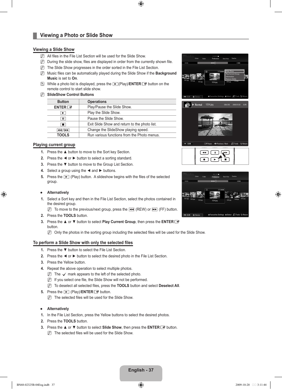 Viewing a photo or slide show, English - 37, Viewing a slide show | Playing current group | Samsung LE37B650T2W User Manual | Page 39 / 680