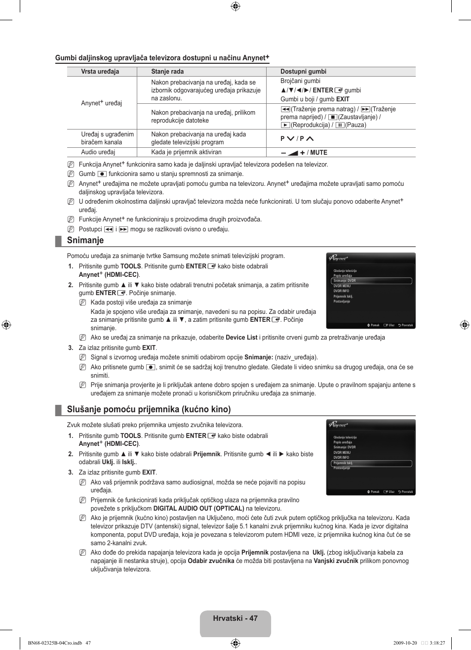 Snimanje, Slušanje pomoću prijemnika (kućno kino) | Samsung LE37B650T2W User Manual | Page 391 / 680