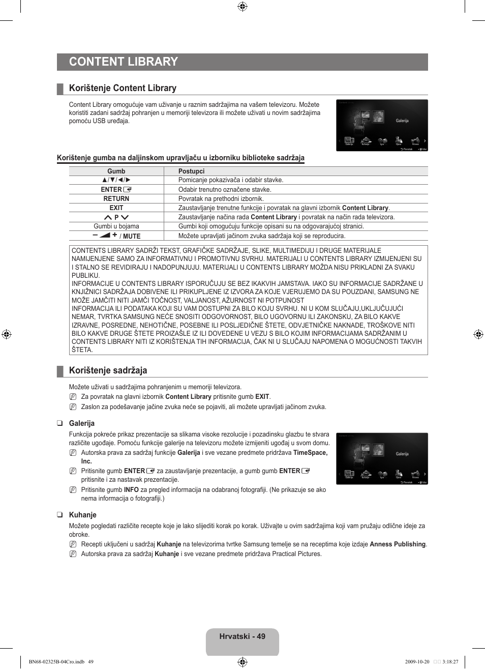 Content library, Korištenje content library, Korištenje sadržaja | Samsung LE37B650T2W User Manual | Page 393 / 680