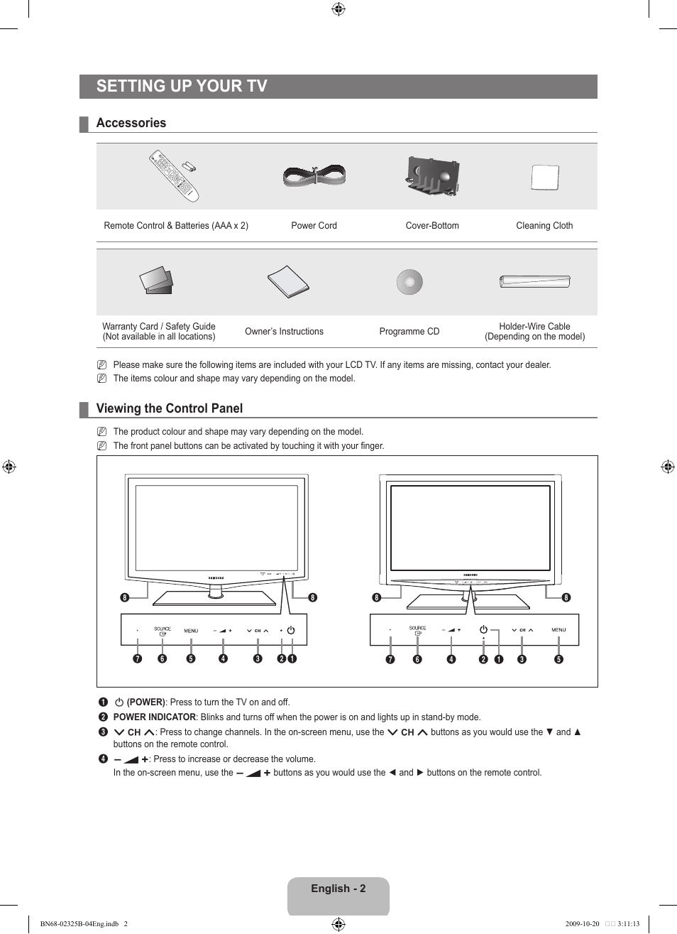 Seting up your tv, Accessories, Viewing the control panel | Setting up your tv | Samsung LE37B650T2W User Manual | Page 4 / 680