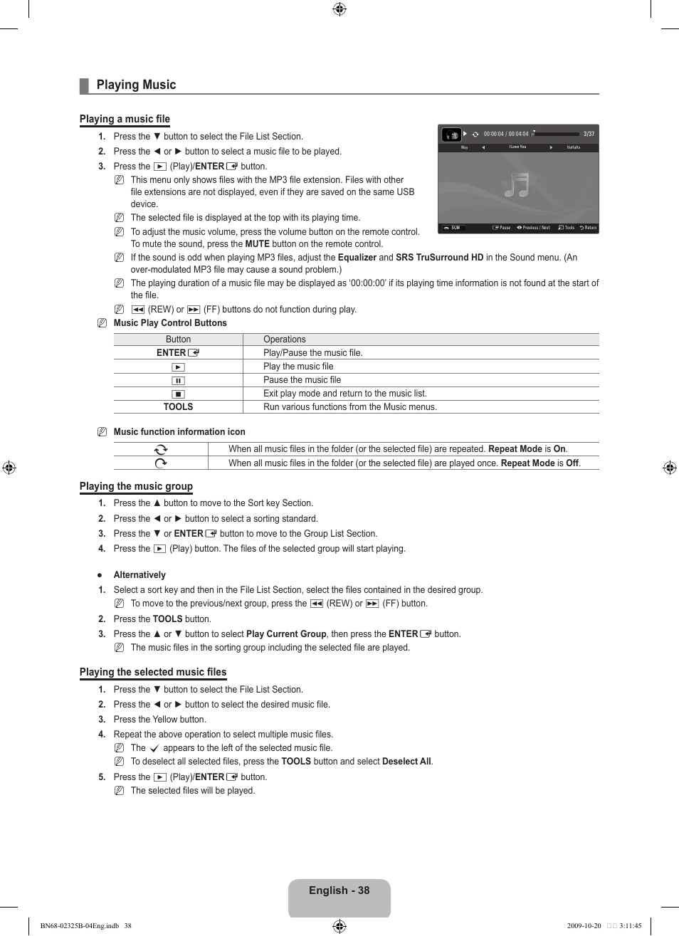 Playing music | Samsung LE37B650T2W User Manual | Page 40 / 680